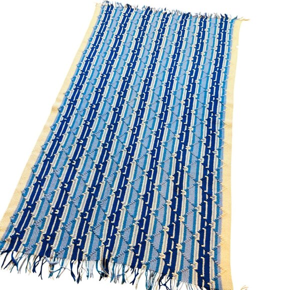 Handmade Blue & White Geometric Crochet Blanket With Fringes 43x74" Grannycore - Picture 3 of 10